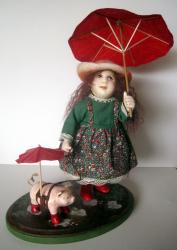 Little Girl with Pig - OOAK art doll figurative sculpture